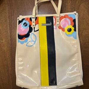 Vibrant Floral Tote with Yellow and Navy Stripes